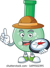 World explorer green chemical bottle cartoon design style using compass