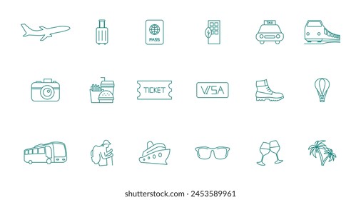 World Explorer's Toolkit: Airplane, Suitcase, Passport, Hotel, Taxi, Train, Camera, Food, Ticket, Visa, Boot, Balloon, Bus, Hiker, Cruise Ship, Sunglasses Icons