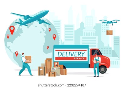 World express delivery by postman service, male loader carry cardboard box goods, relocation business flat vector illustration, isolated on white.