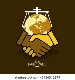 World Fair Trade Day event banner. hands shaking with earth and scale on dark brown background to commemorate on May