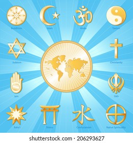World of Faith, gold religions icons: Buddhism, Islam, Hindu, Taoism, Christianity, Sikh, Native Spirituality, Confucian, Shinto, Bahai, Jain, Judaism.  Aqua, gold ray background. EPS8 compatible.