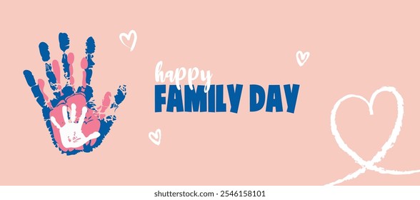 Weltfamilientag. Handabdruck von Eltern und Kindern.Happy Family Day Gedenkbanner Template Design.Vektorgrafik.Ideal für Poster,Grußkarten,Website.