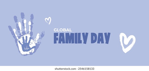 Weltfamilientag. Handabdruck von Eltern und Kindern.Happy Family Day Gedenkbanner Template Design.Vektorgrafik.Ideal für Poster,Grußkarten,Website.