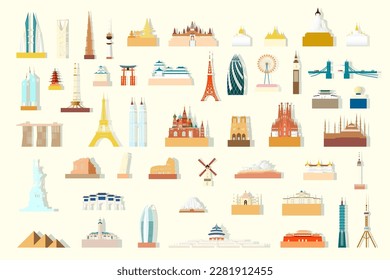 World famous architecture landmarks isolated set, Vector architectural silhouette monuments. Travel continent landmark icon and symbol monument of america, europe, asia, australia, middle east, africa