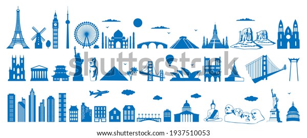 World famous
architecture landmarks silhouettes, vector illustration. Travel,
tourist attractions, monuments. Eiffel Tower, Big Ben, Statue of
Liberty, Taj Mahal,Egypt
pyramid.
