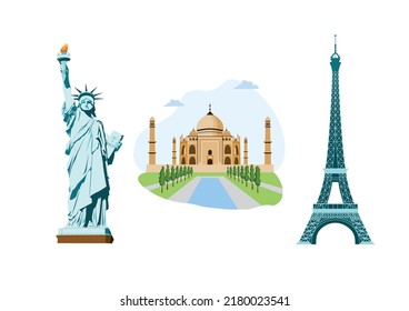 Marcas arquitectónicas famosas del mundo. Viajes, atracciones turísticas, Torre Eiffel, Estatua de la Libertad, Taj Mahal. Estilo plano Vector de stock