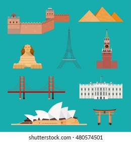 World famous attractions. World tourist attractions symbols. Vector  flat illustration.