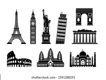 World famous buildings monochrome vector illustration set ( world heritage )  Statue of liberty, Eiffel tower etc.