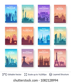 World famous city scapes set. Flat well known silhouettes. Vector illustration easy to edit for flyers or web banners.