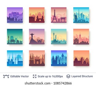 World famous city scapes set. Flat well known silhouettes. Vector illustration easy to edit for flyers or web banners.