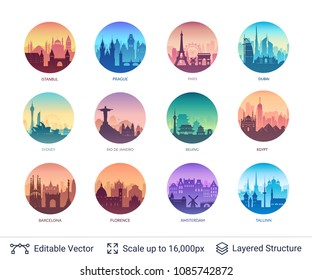 World famous city scapes set. Flat well known silhouettes. Vector illustration easy to edit for flyers or web banners.