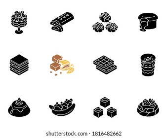 World famous desserts black glyph icons set on white space. Traditional sweets. Turkish delight. Chocolate lava cake. Brownies. Tiramisu. Silhouette symbols. Vector isolated illustration