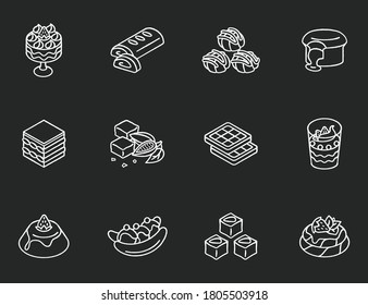 World famous desserts chalk white icons set on black background. Traditional sweets. Turkish delight. Chocolate lava cake. Brownies. Tiramisu. Isolated vector chalkboard illustrations