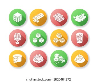 World famous desserts flat design long shadow glyph icons set. Traditional sweets. Turkish delight. Chocolate lava cake. Brownies. Tiramisu. European cuisine. Silhouette RGB color illustration