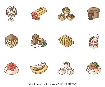 World famous desserts RGB color icons set. Traditional sweets. Turkish delight. Chocolate lava cake. Brownies. Tiramisu. Authentic sweet food. European cuisine. Isolated vector illustrations