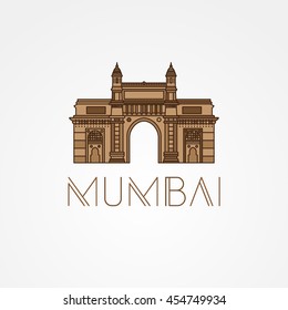 World famous Gate to India. Greatest Landmarks of Asia. Linear modern style vector icon symbol of India, Mumbai. Colorful cartoon variation.