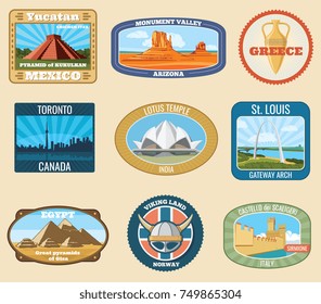 World famous international landmarks vector vintage travel stickers. Famous landmark for tourism and journey illustration