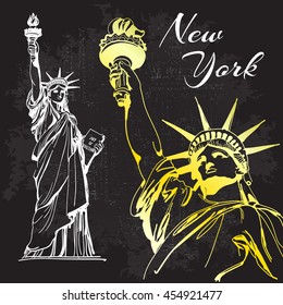 World Famous Landmark Of America. Statue of Liberty. New York. Vector Golden Symbol Isolated on Black.