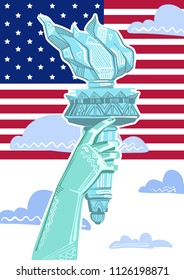 World famous landmark collection: America, New York City, Statue of Liberty. Bright decorative vision of cultural heritage of the world. Stylized vector illustration for 4th of July.