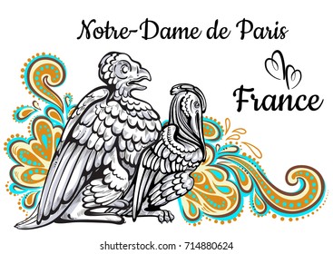 World famous landmark collection  France  Paris  Notre  Dame de Paris  ?himera  Beautiful vector artwork colorful decorated  Perfect template for your design  Posters  travel cards  site design 