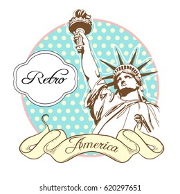 World famous landmark collection in retro style. America. New York. Statue of Liberty. Vector illustration isolated on white