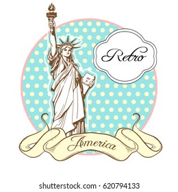 World famous landmark collection in retro style. America. New York. Statue of Liberty. Vector illustration isolated on white