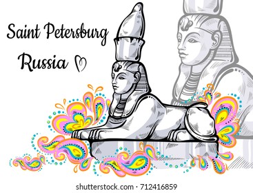 World famous landmark collection  Russia  St  Petersburg  Sphinx  Mystic city  Graphic style high detailed vector artwork  Perfect template for your design  Posters  travel cards  site design 