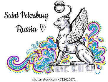 World famous landmark collection  Russia  St  Petersburg  Bank Bridge  Bronze Cats and Golden Wings    Griffins  Vector artwork  Perfect template for your design  Posters  travel cards  site design 