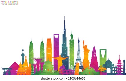 World Famous Landmark Colorful Art. Global Travel And Journey Infographic Back. Vector Flat Design Template.vector/illustration.Can Be Used For Your Banner, Business, Education, Website Or Any Artwork