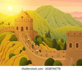 World Famous Landmark - Great Chinese Wall Beautiful Landscape, Monumental Giant Structure. Chinese Prominent Sight With Watchtowers And Wall Sections On Green Mountains For Travel And Tourism