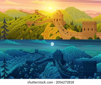 Lugar de referencia mundial - Gran Pared China paisaje diurno y nocturno, monumental estructura gigante. Famoso monumento chino con torres de vigilancia y secciones murales sobre montañas verdes para viajes y turismo