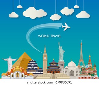 World famous Landmark paper art. Global Travel And Journey Infographic Bag. Vector Flat Design Template.vector/illustration.Can be used for your banner, business, education, website or any artwork