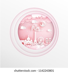World famous landmark of Paris, France in a circle white frame with colorful design in paper cut style vector illustration for travel poster, postcard and advertising. 