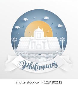 World famous landmark of Philippines with white frame and label. Travel postcard and poster, brochure, advertising Vector illustration.