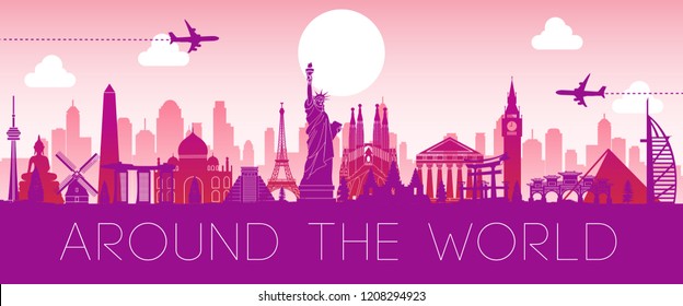 World Famous Landmark Pink Silhouette Design,vector Illustration