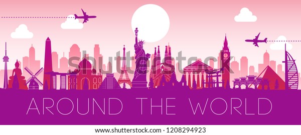 world famous landmark pink silhouette\
design,vector\
illustration