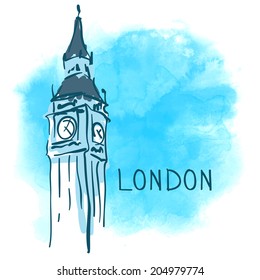 World Famous Landmark Series: Big Ben, London, England. Watercolor Vector Illustration.
