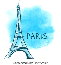 Serie mundial de monumentos: Torre Eiffel, París, Francia. Ilustración vectorial de color de agua.