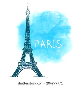 World famous landmark series: Eiffel Tower, Paris, France. Watercolor vector illustration. 