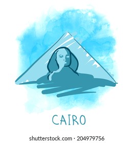 World famous landmark series: Pyramids and Sphinx, Cairo, Egypt. Watercolor vector illustration.