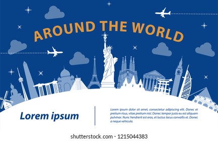 world famous landmark silhouette style on white curve,trip and tourism,vector illustration