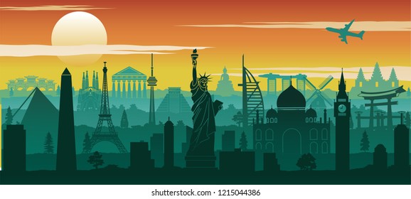 world famous landmark silhouette style with row design on sunset time,vector illustration