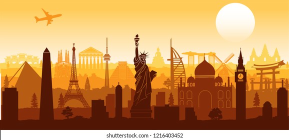 world famous landmark silhouette style with row design on sunset time,vector illustration