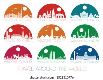 World famous landmark silhouette style inside by multil and bright half circle shape,vector illustration