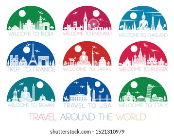 world famous landmark silhouette style inside by multil and bright half circle shape, vector illustration