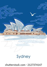 World Famous landmark. Simple sketch of Opera House landmark. Iconic theater, Sydney, Australia. Vector illustration for postcard or poster. Traveling art