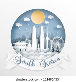 World famous landmark of South Korea with white frame and label. Travel postcard and poster, brochure, advertising Vector illustration.