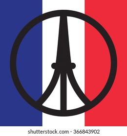 World famous landmark symbol of France on French tricolour flag background. Paris, France