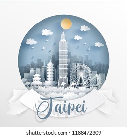 World famous landmark of Taipei and buildings with white frame and label. Travel postcard and poster, brochure, advertising Vector illustration.