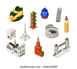 World famous landmarks - colorful isometric set of objects. Buildings, architecture. Notre-Dame de Paris, Triumphal arch, Big Ben, Pisa, Eiffel Tower, Colosseum, Kremlin, Great wall, Temple of Heaven